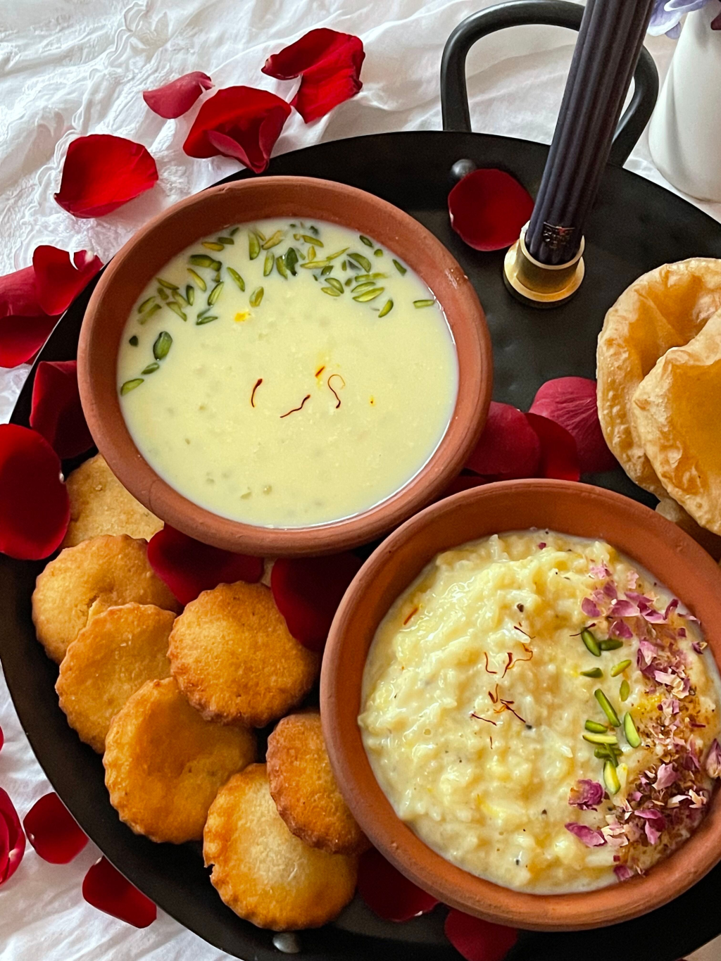 Kheer, Sago Kheer, Puri and Meethi Tikkya (Indian Rice and Sago Pudding with Puri and Sweet&nbsp;Bread)